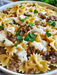 Beef and Bowtie Pasta with Alfredo Sauce Recipe