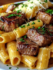 Garlic Butter Steak Tips with Cheesy Rigatoni