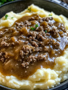 Ground Beef and Gravy Over Mashed Potatoes