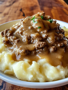Ground Beef and Gravy Over Mashed Potatoes