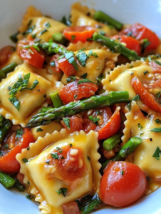 Ravioli with Tomatoes, Asparagus, Garlic, and Herbs