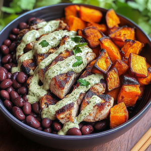 Chipotle Chicken Bowl with Black Beans, Sweet Potatoes, and Cilantro Lime Sauce