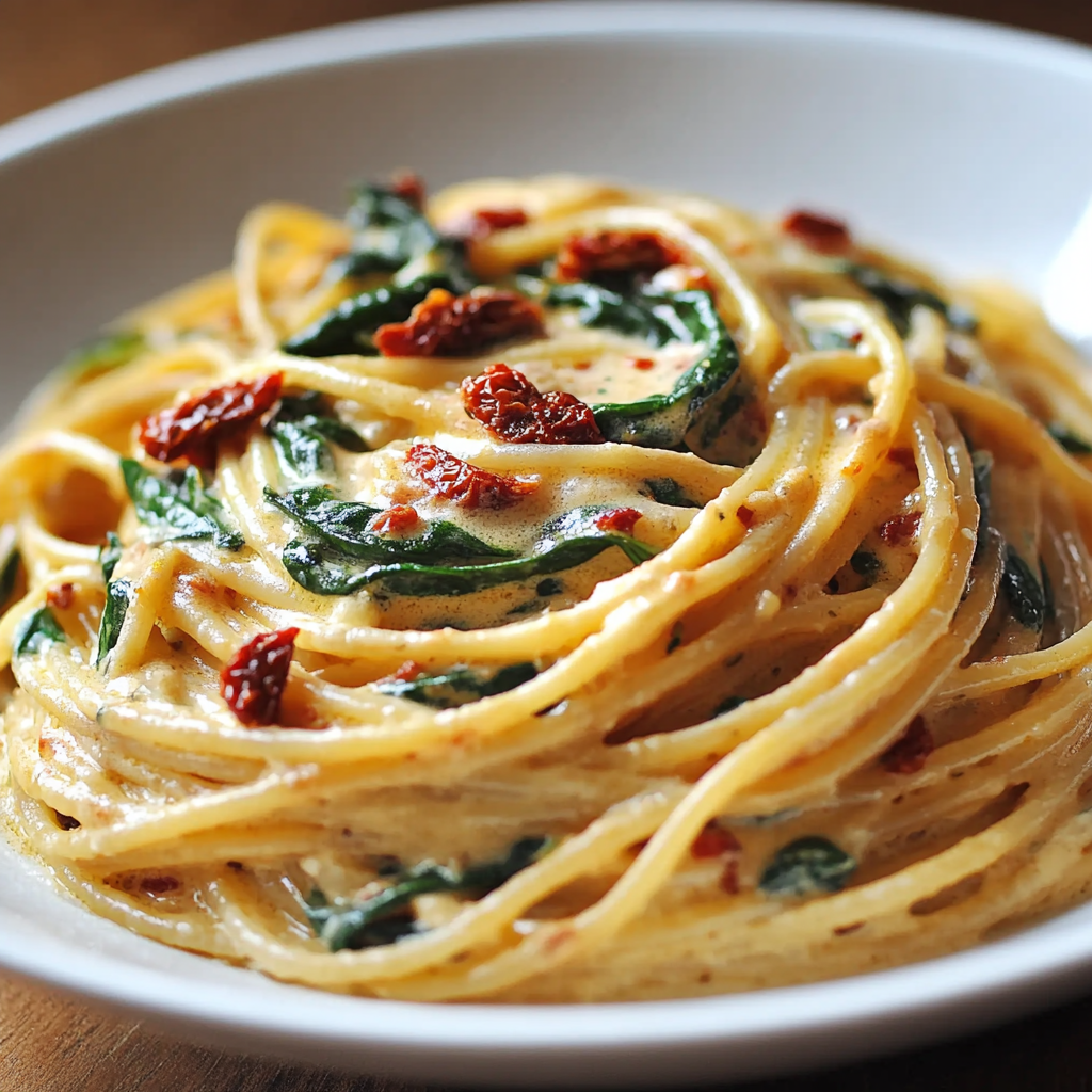 Spaghetti with Spinach and Sun-Dried Tomato Cream Sauce