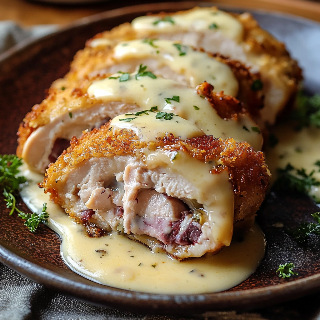 Air Fryer Chicken Cordon Bleu with Swiss Cheese Sauce –