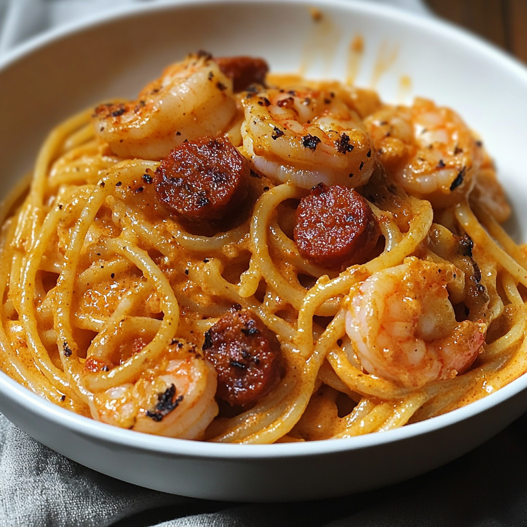 Spaghetti with Pepper Cream, Chorizo & Shrimp