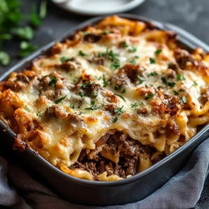 French Onion Beef and Pasta Casserole