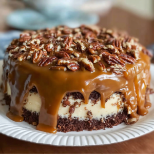 chocolate pecan caramel layer cake