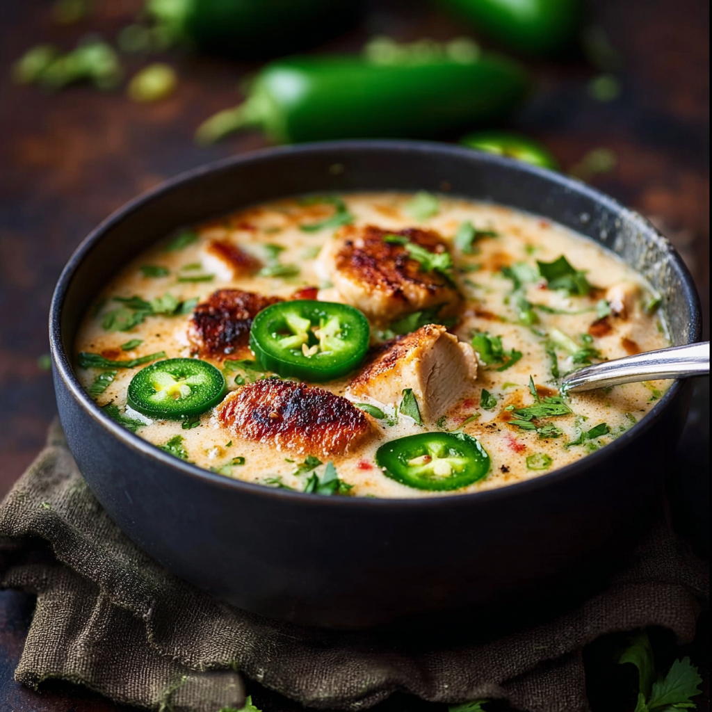 Smoky Jalapeño Popper Soup with Grilled Chicken