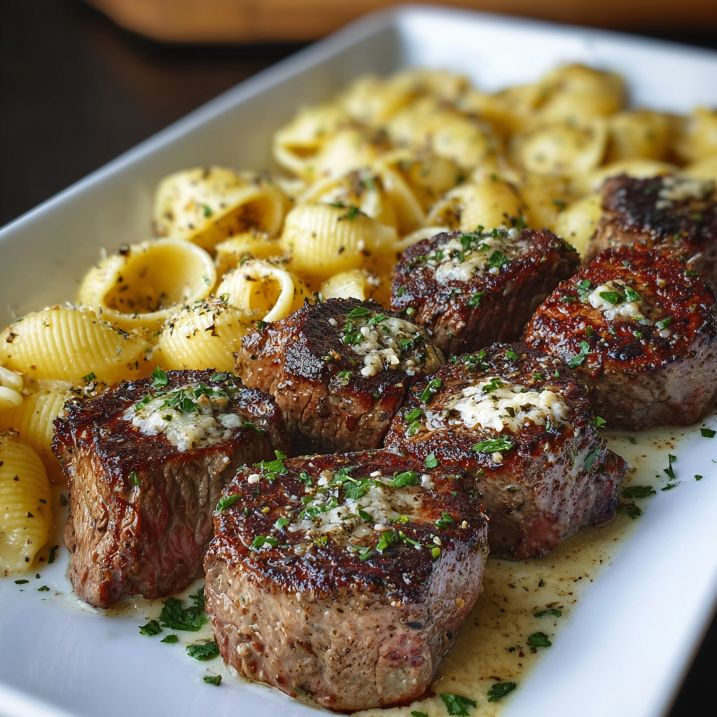 Garlic Butter Steak Bites & Creamy Parmesan Shells
