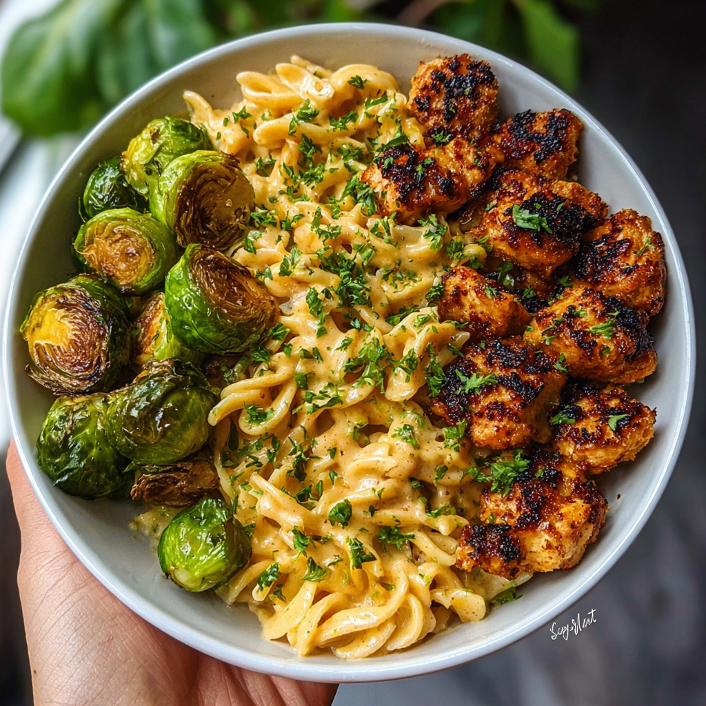 Maple Garlic Chicken Bites with Spicy Cajun Alfredo & Crispy Brussels Twists