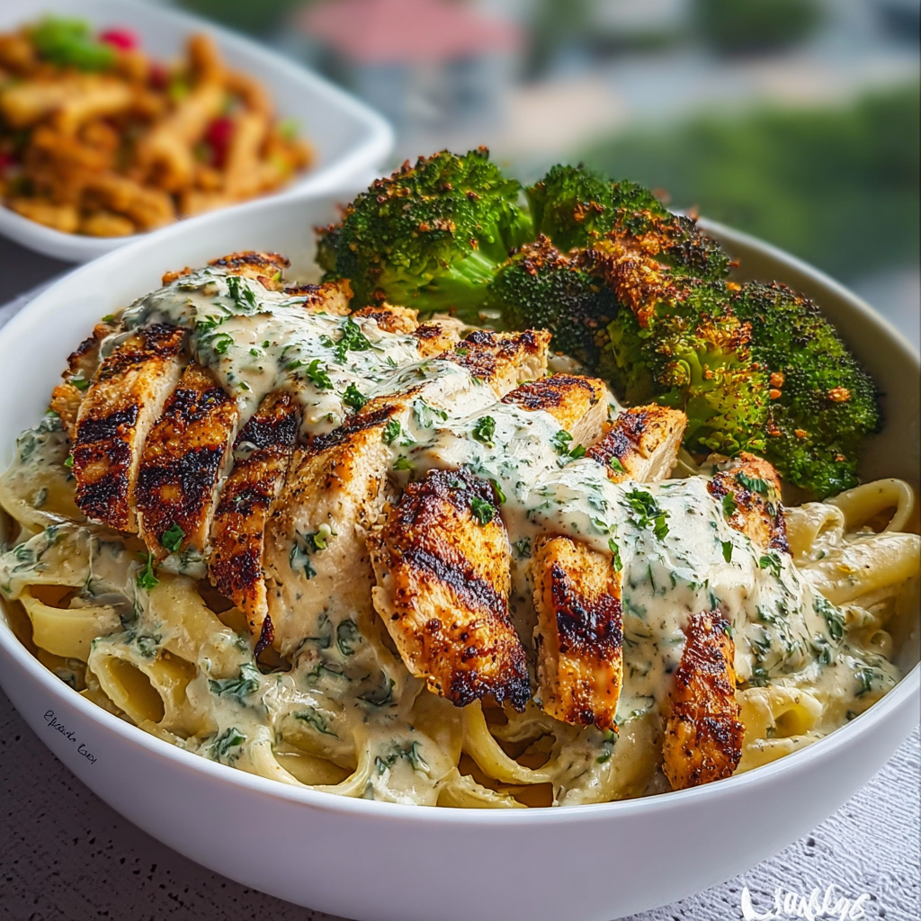 Spinach-Artichoke Greek Chicken Alfredo & Crispy Parmesan Broccoli with Mushroom Basil Cream