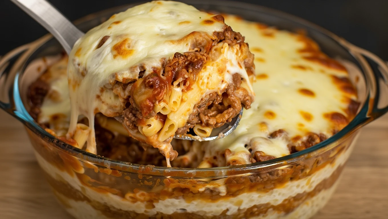 Baked Stellini Pasta with Meat is layered with seasoned ground meat, rich tomato sauce, a velvety béchamel, and plenty of mozzarella