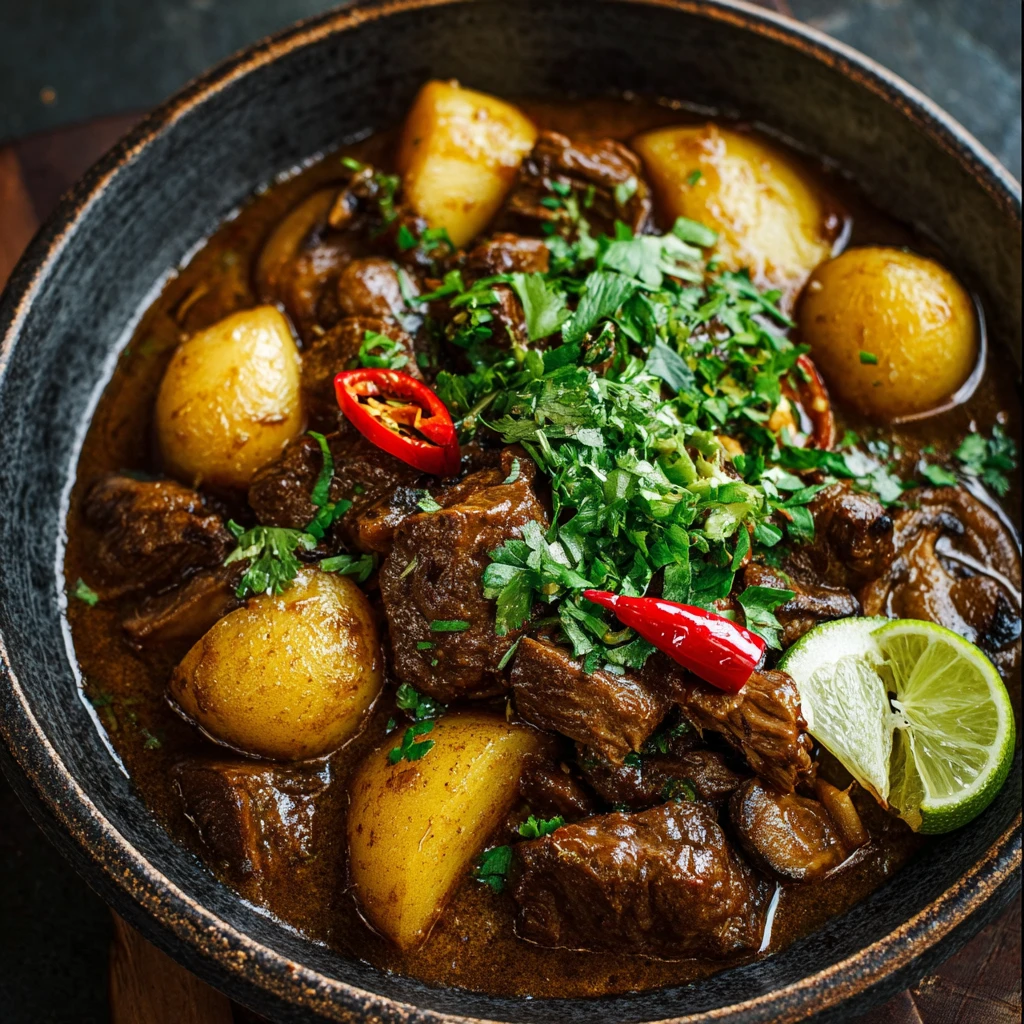 Beef and Mushroom Massaman Curry with Potatoes and Lime