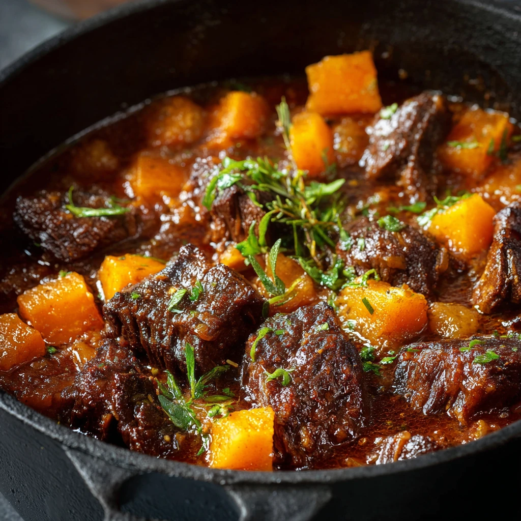 Honey-Braised Beef Short Rib Stew with Butternut Squash and Aromatic Herbs