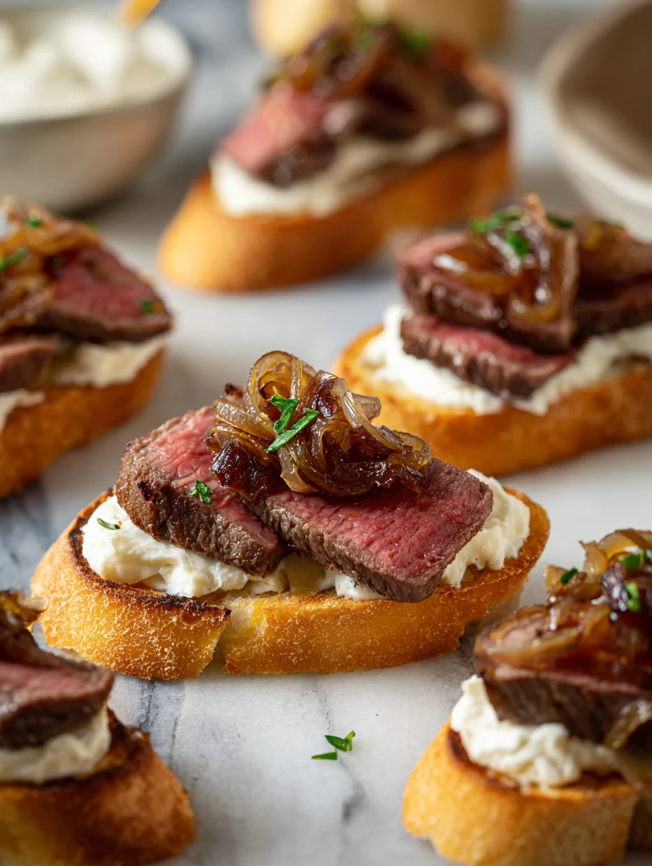 Steak Crostini with Horseradish Sauce, Caramelized Onions