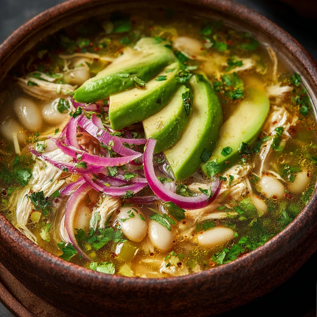 Zesty Green Chicken Chili Soup with White Beans & Avocado
