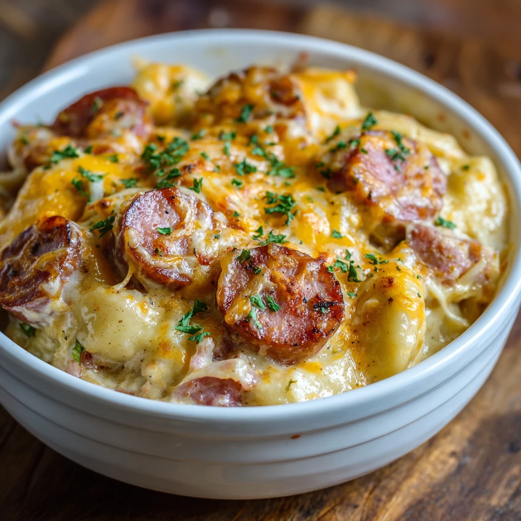 Crockpot Pierogi Casserole with Kielbasa