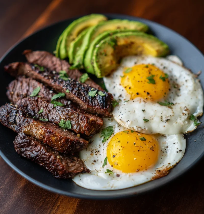 Highprotein Steak Egg Avocado Plate Side Angle