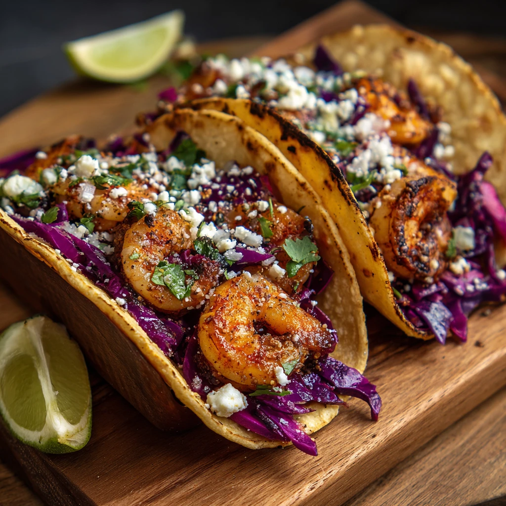 Quick Lime Shrimp Tacos with Crunchy Purple Cabbage