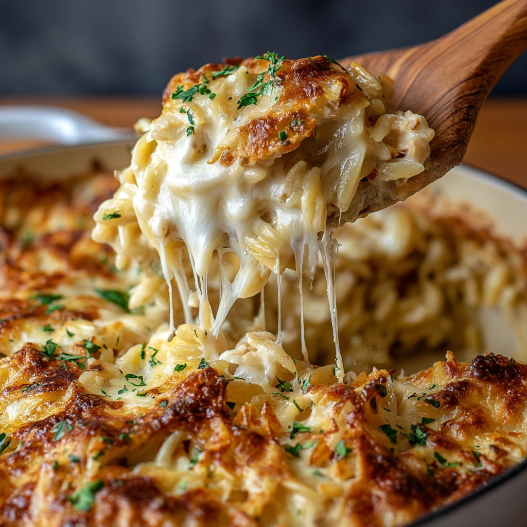 Creamy Caramelized Onion Chicken Orzo Bake with Gruyère