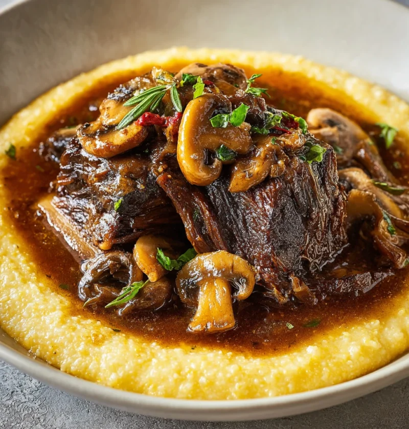 Slowbraised Beef Short Ribs Mushrooms Creamy Cheddar Grits