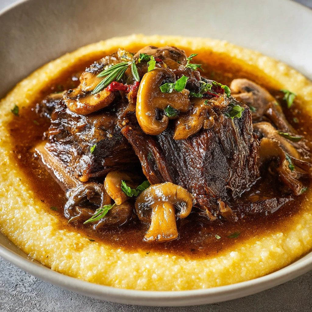 Slow-Braised Beef Short Ribs with Mushrooms & Creamy Cheddar Grits