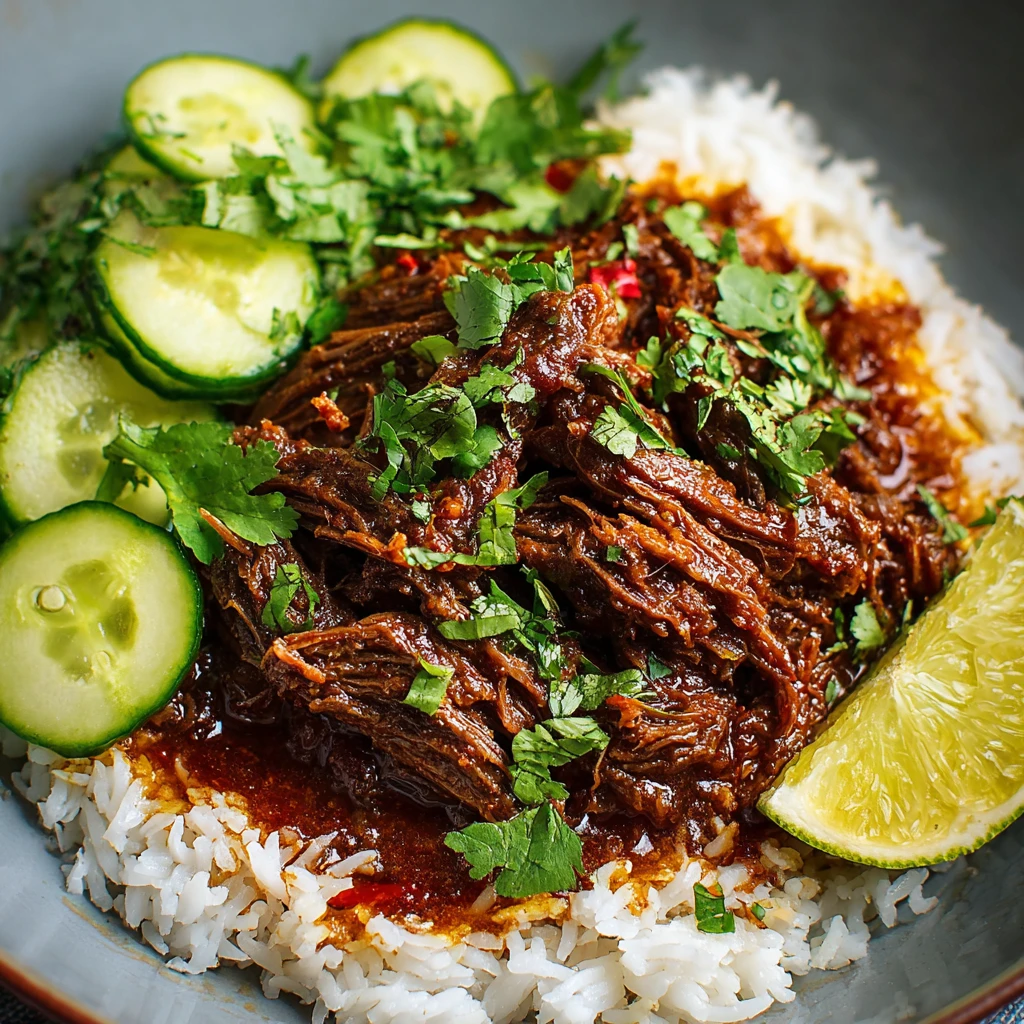 Spicy Coconut Curry Shredded Beef with Fresh Cucumber Salad