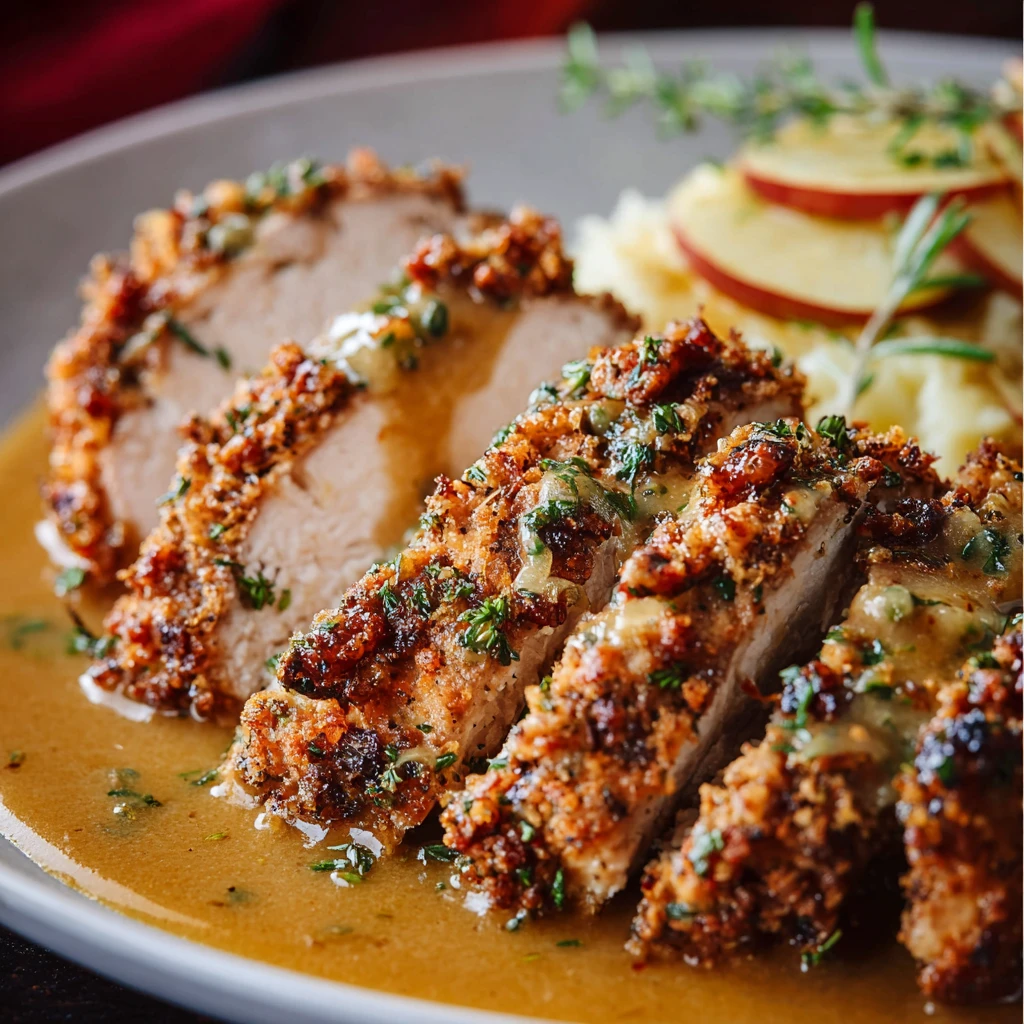 Walnut-Herb Crusted Chicken with Apple Cider Pan Sauce