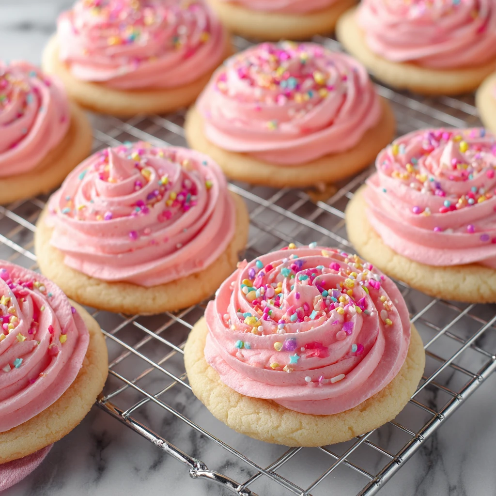 Frosted Sugar Cookies Topped With a Cheerful Pink Buttercream