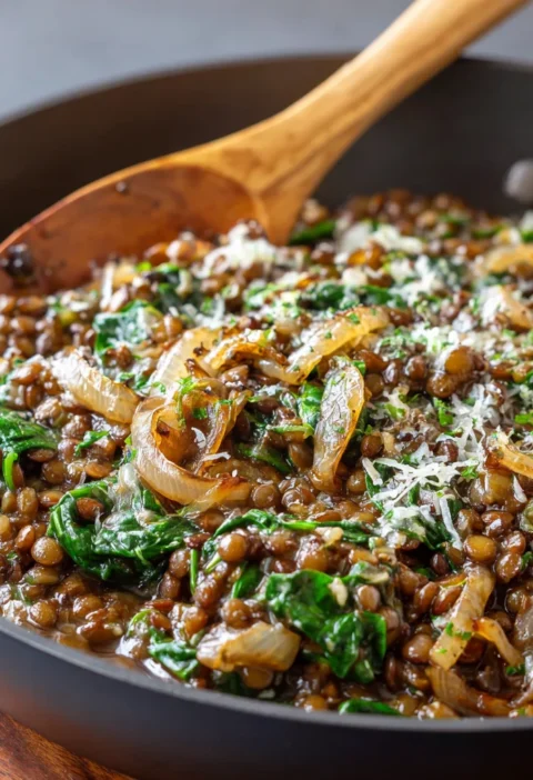 Caramelized Onion & Spinach Lentil Skillet Recipe