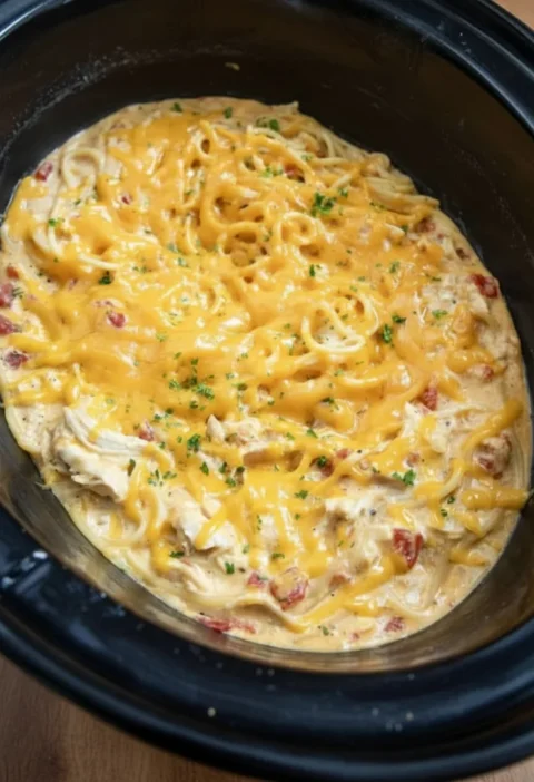 Slow Cooker Cheesy Chicken Spaghetti